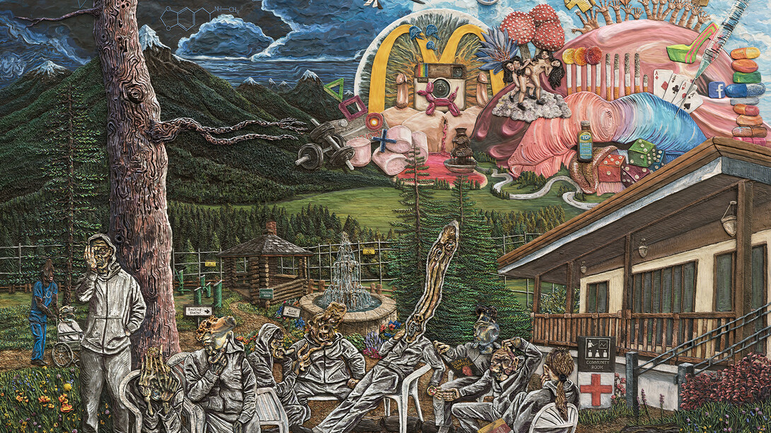 Henry Hudson, Plate 8, Rehabilitation, varnished plasticine on board, 183 by 245 cm.; 70 by 96 ½in. Executed in 2014.