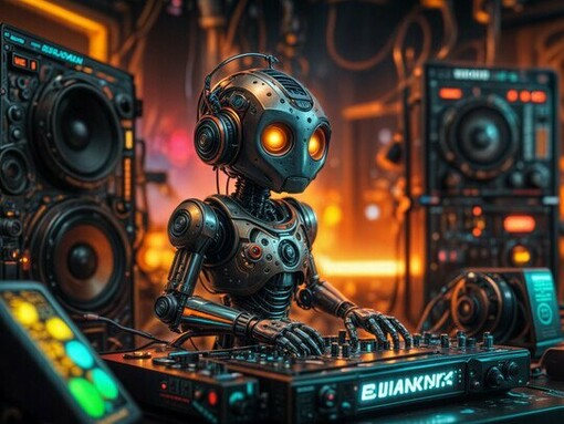 A robot immersed in music production, symbolising the challenge of distinguishing algorithmic generation from genuine creative expression