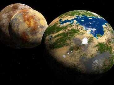 An illustration of a habitable exoplanet with blue waters and two nearby moons