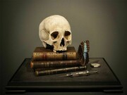 Dr.Viktor Schroeder, Memento Mori with 17th Century skull, 2013, 17th Century human skull, 19th Century books, antique pocket watch, Victorian syringe and blue butterfly, 35 x 44 x 32 cm