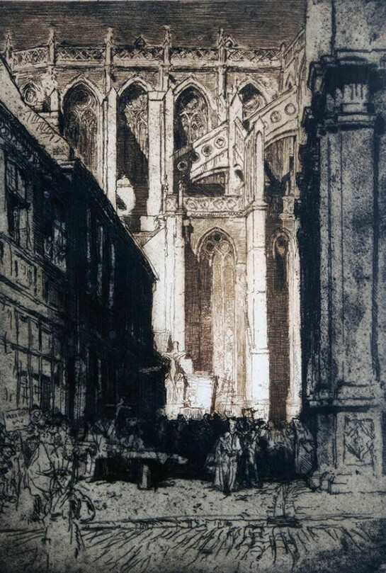 Church of St Walburgh, Furnes, etching on zinc, 1908, copyright of The Estate of Frank Brangwyn