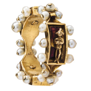 Renaissance Enamel Ring, France-Flanders, Burgundy, mid-15th century, Gold, pearls, ronde-bosse, and red enamel, Griffin Collection. Photograph by Richard Goodbody