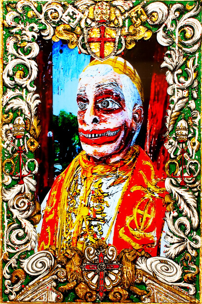 The Guardian of All Virtue (Pope Ratzinger – Germany – Vatican Empire), 2015, acrylic, gold leaf, mixed media with LCD screen and video.
24 x 16 inches
