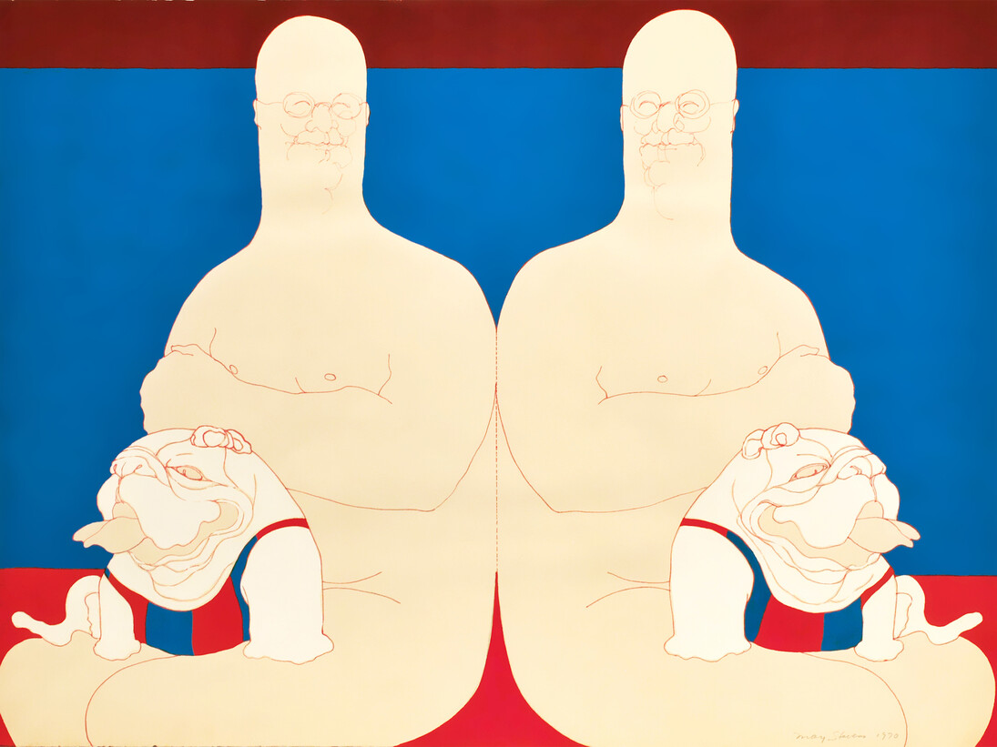May Stevens, Big Daddy Beach Scene, 1970, Gouache and ink on paper, 22 1/4 x 30 in