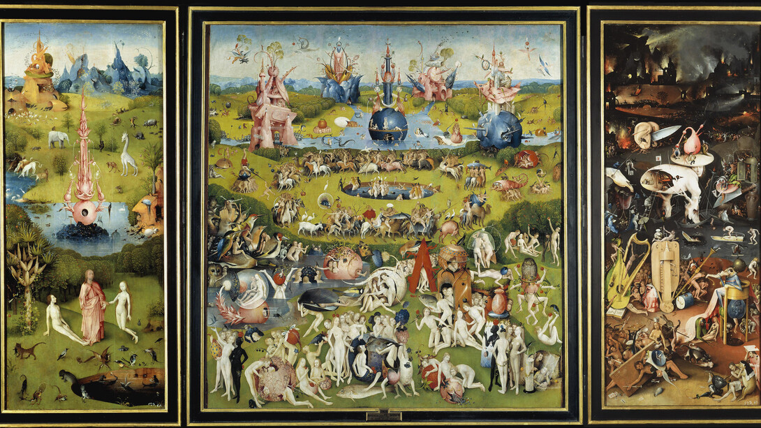 Dans Le Jardin des délices (vers 1490-1500), Jérôme Bosch déploie un monde où le plaisir bascule vers le chaos, révélant la violence tapie derrière les désirs humains et la fragilité du corps livré au péché