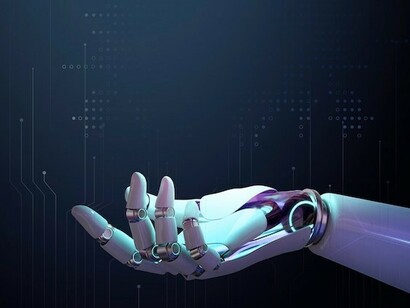 A futuristic 3D robot hand with a background that embodies the essence of AI technology and machine learning advancements