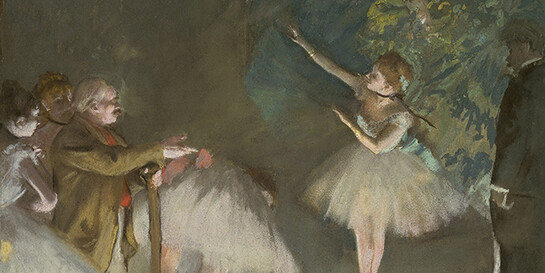 Edgar Degas, French (1834-1917). Rehearsal of the Ballet, ca.1876. Gouache and pastel over monotype on paper, 21 3/4 x 26 3/4 inches. Purchase: the Kenneth A. and Helen F. Spencer Foundation Acquisition Fund, F73-30.