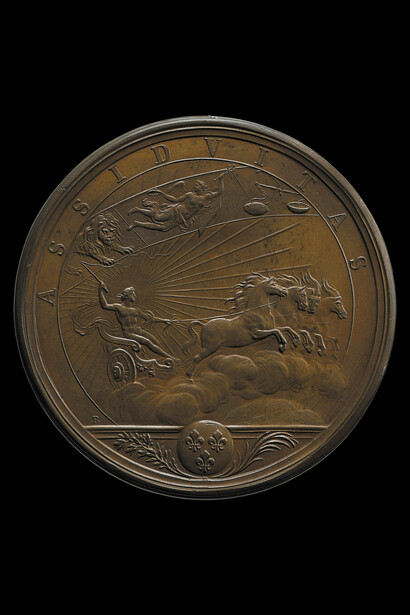 Hard Work, Designed by Renaudot, 1661, Louis is represented as Apollo, driving the chariot of the sun which brings light to every part of the earth © The Trustees of the British Museum

