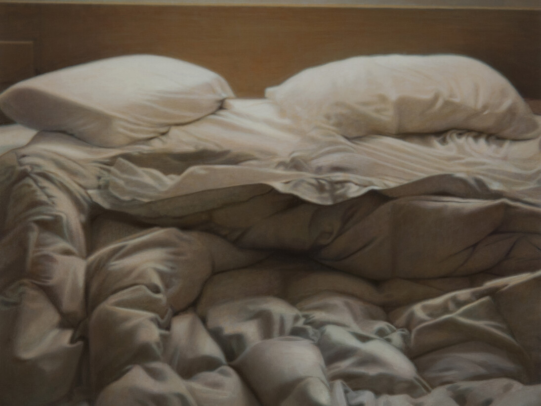Andrew Leventis, Unmade Bed, Venice, 1973, 2014, oil on linen, 38 x 31 cm