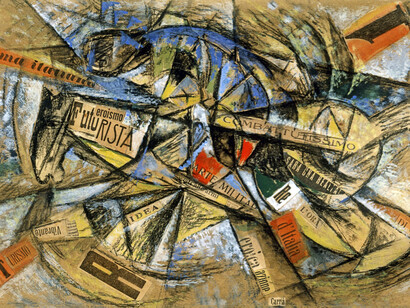 Carlo Carrà, Cavallo e cavaliere, 1915, collage e tempera su cartone, 31 x 48 cm
Roma, M. Carpi courtesy Futur-ism a.c.
© Carlo Carrà, by SIAE 2022 
