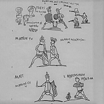 Esempio di scrittura a sgraffio presente a Pompei: il computo dei risultati di due gladiatori ovvero Marco Attilio contro Hilarus