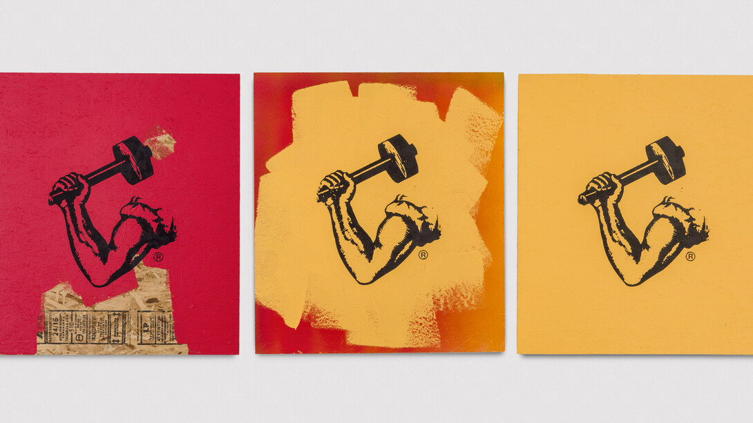 Awol Erizku, Pull Up Wit Ah Stick, 2016, Household paint and silkscreen on plywood 3 parts; 108 x 96.5 cm; (42 1/2 x 38 in.) each, Photo by Joshua White. Courtesy of Ben Brown Fine Arts