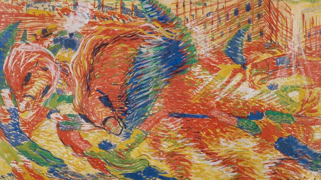 Umberto Boccioni , bozzetto per La città che sale, 1910, olio su carta applicata su tela, 36x60 cm. Milano, Pinacoteca di Brera
