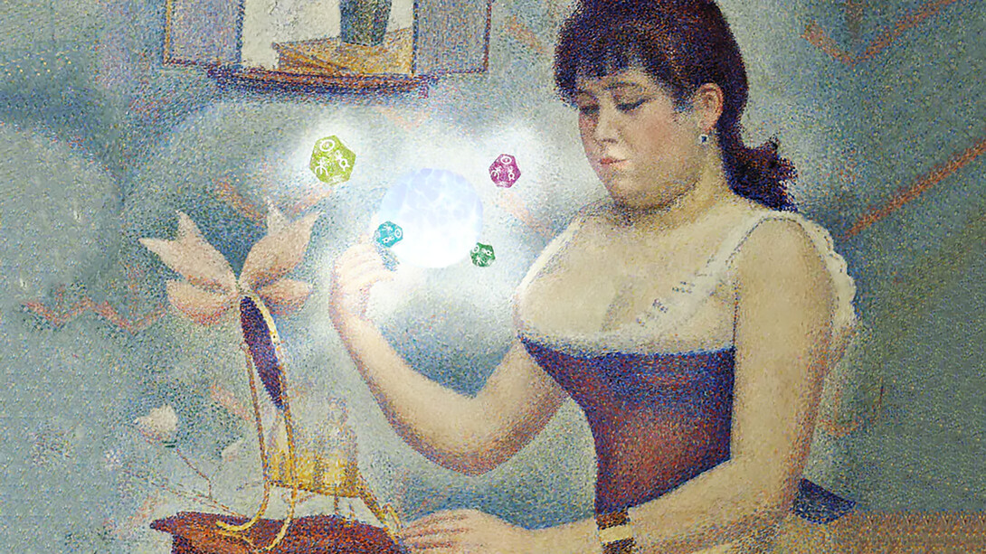 Young woman powdering herself by Georges Seurat (edited with astrological glyphs)