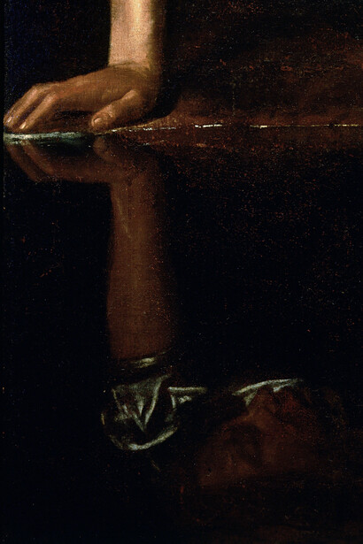 Caravaggio, Narciso (c. 1600, detalle)