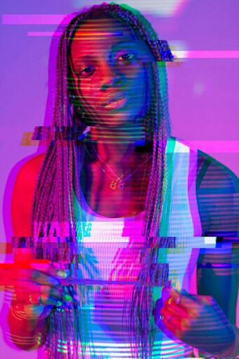 An abstract portrait of a woman in vaporwave style, blending elements of pop culture, Japanese influences, and cyberpunk aesthetics, all while exploring themes of mimicry, imitation, and surrealism