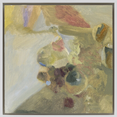 Ellen Siebers, Apples in May, 2023, oil on panel, 12x12 inches framed. Courtesy the artist and Parrasch Heijnen, Los Angeles