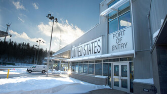 Northern US border post in winter, USA