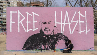 Mural en defensa de Hasél en Barcelona