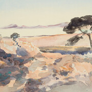 Parasol pink mountains sky background pink, not dated. Barbara Leigh Smith Bodichon (1827–1891). Watercolor on paper mounted, 8 1/8 × 14 1/4 inches. Delaware Art Museum, Acquisition Fund, 2017.