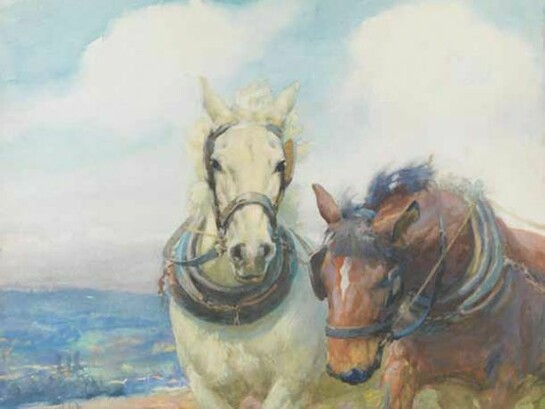 Lucy Elizabeth Kemp-Welch RI ROI RBA, 1869–1958, Two Shire Horses, watercolour heightened with bodycolour (laid on to board), 44 x 53 cm, 173⁄8 x 207⁄8 in