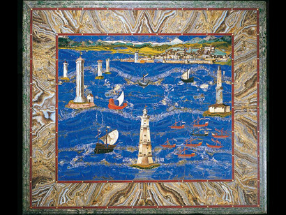 Manifattura granducale (Cristofano Graffurri su disegno di Jacopo Ligozzi), Tavolo con veduta del porto di Livorno, 1601-1604, mosaico di pietre dure, 107 x 94 cm, Firenze, Galleria degli Uffizi