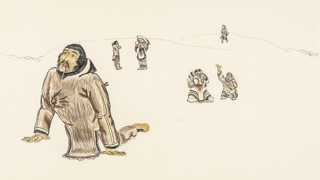 Johnny Pootoogook, Death caused by jealousy, c. 1998. Courtesy of Feheley Fine Arts