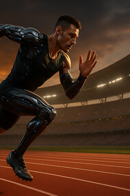 A cybernetically enhanced sprinter powers down the track at a futuristic Olympic stadium in Brisbane 2032, symbolizing the clash between tradition and technology in the new era of sport
