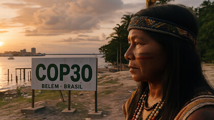 An Indigenous woman in traditional attire gazes over the Amazon River at sunset in Belém, Brazil, as the city prepares to host COP30, symbolizing the deep connection between climate action and ancestral philosophies of Mother Earth