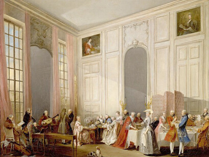 Michel Barthélemy Ollivier, Le Thé à l’anglaise servi dans le salon des Quatre-Glaces au palais du Temple à Paris en 1764