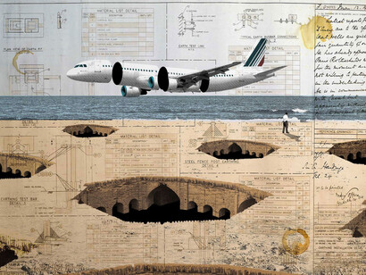 Amin Roshan Aircraft and Ancient 2019 watercolour crude oil silk screen on paper edition of 5 59.5 x 83.5cm