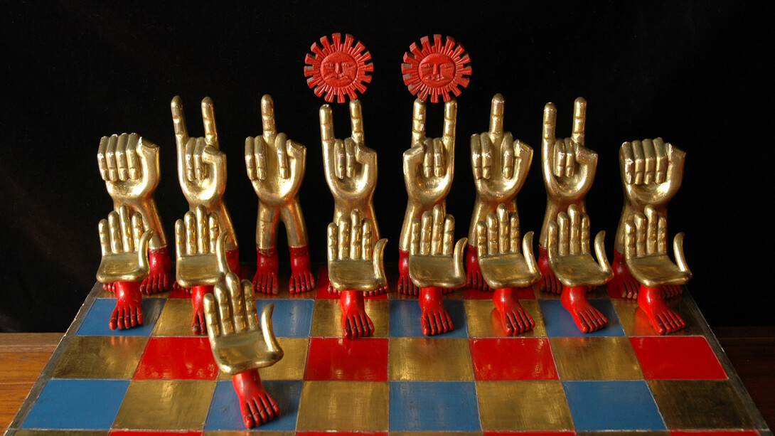 Chess set with table, Design by Pedro Friedeberg, Polychromed wood, gold-leaf. Courtesy ADN Galería