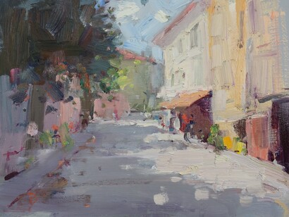 Licciana Nardi Cafe Street, 2022. Oil on linen, 9 × 12 in. © Barry John Raybould