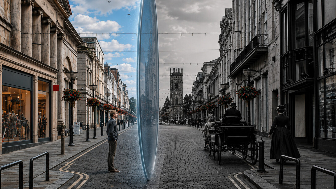 In der Bold Street zwischen Läden, Cafés, Restaurants und sogar auf den Bürgersteigen sollen Menschen eine andere Dimension der Realität durch sogenannte Time Slips (dt.: Zeitverschiebungen) erfahren haben. Bild: Nachbildung einer Zeitverschiebung in der Bold Street in Liverpool, England