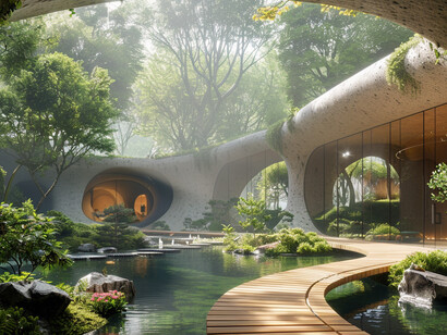 Immagine generata da Midjourney, programma di intelligenza artificiale generativa, che  illustra la fusione di futurismo e architettura organica