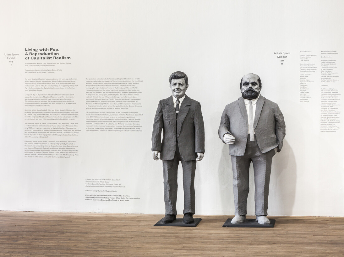 Installation view from Living with Pop. A Reproduction of Capitalist Realism, Artists Space, 2014. Reproductions of papier-mâché figures depicting John F. Kennedy and gallerist Alfred Schmela, originally exhibited at Leben mit Pop - Eine Demonstration für den kapitalistischen Realismus, 1963 / 2013 (Living with Pop – A Demonstration for Capitalist Realism)