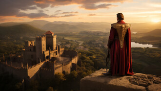 Overlooking the city and castle, a mighty king commands his domain with authority and strength