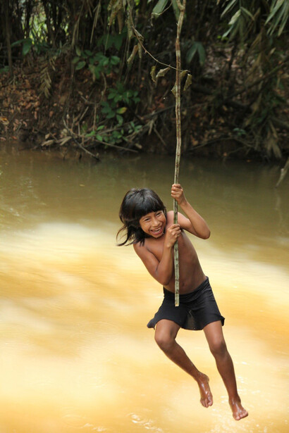 Apãranã (Pequeña Mariposa) se columpia en una liana sobre un lago donde los niños juegan y se bañan. Los awás pescan en los arroyos y riachuelos de su tierra. Aprecian, especialmente, la carne de tortuga. © Survival