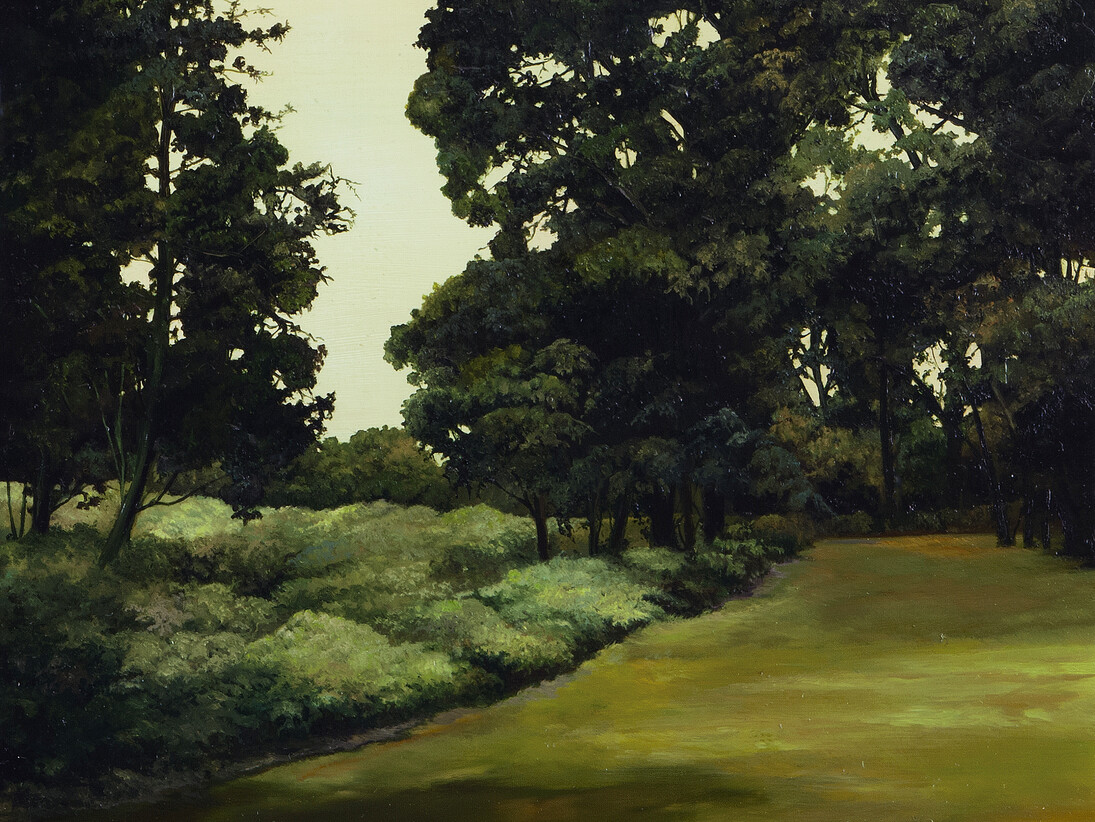 Hannah Brown, Victoria Park 5, 2015, Oil paint on oak and marine plywood, 36 × 46 cm © Hannah Brown 2015. Courtesy Parafin, London