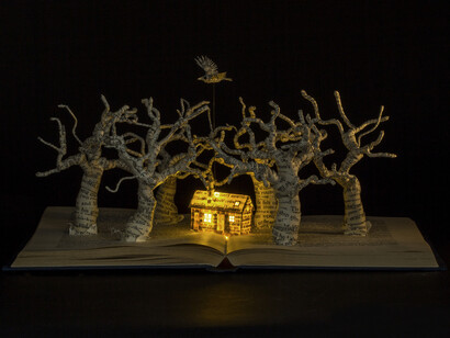 Su Blackwell, The Dark is Rising, 330mm w x 255mm h x 258mm d, Paper, book, lights, paper sculpture in glass and wood box

