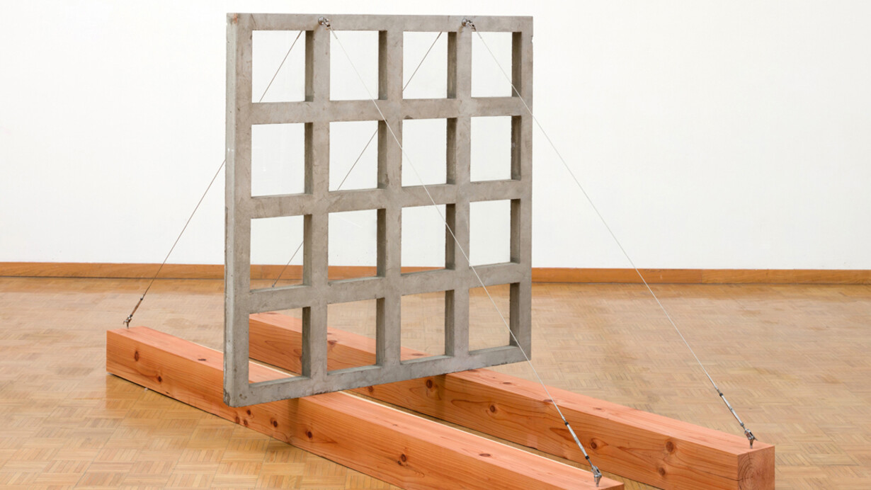 Robert Hudson, Window, 1970, wood, cement, glass, steel cable, 64 x 120 x 56 inches © Robert Hudson, Courtesy of Brian Gross Fine Art    
