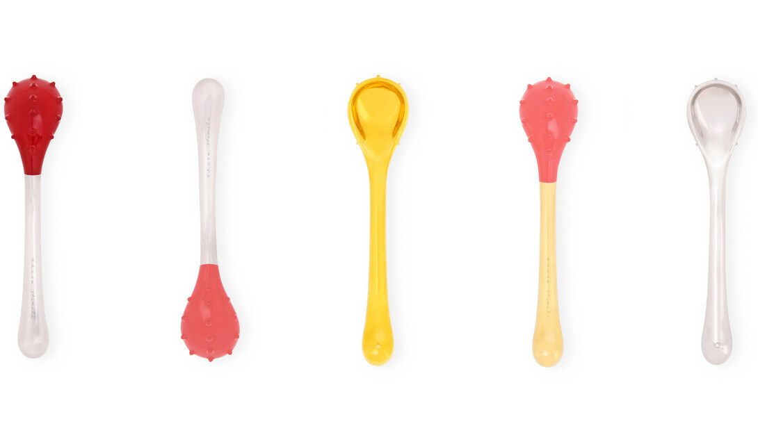 AEIOU I Rear Bump series, from the Sensory Dessert Spoon collection, 2015–18; Jinhyun Jeon (South Korean, born 1981), Studio Jinhyun Jeon; Stainless steel, lacquered and/or 24-carat gold plated; Courtesy of Jinhyun Jeon