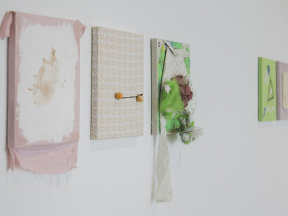 Tameka Norris, Installation view of Lexicon Series, from left to right: Lexicon #14,11 and 28, 2013, Mixed media on panel, 12 x 12 inches each. Courtesy Emerson Dorsch. Photo by Monica McGivern