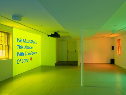 Tony Cokes, installation view, Dia Bridgehampton, New York, 2023. © Tony Cokes. Photo: Bill Jacobson Studio, New York. Courtesy of Dia:Bridgehampton