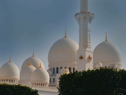 An up-close view of the Sheikh Zayed Grand Mosque in Abu Dhabi, United Arab Emirates