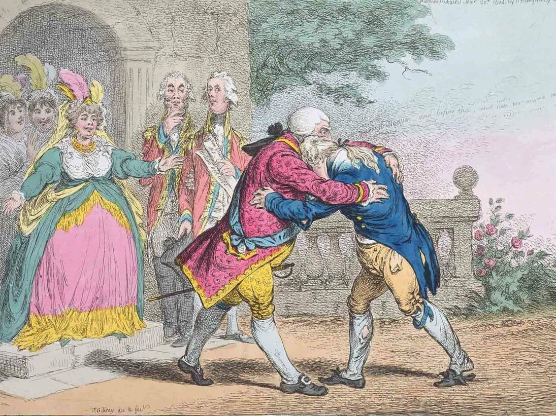James Gillray (1757‒1815), The Reconciliation, 1804, Coloured etching © Courtesy of the Warden and Scholars of New College, Oxford / Bridgeman Images