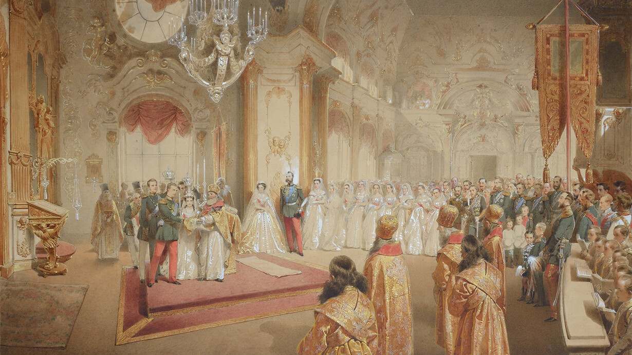Mihály Zichy, The marriage of Tsesarevich Alexander Alexandrovich and Tsesarevna Maria Feodorovna on 28 October 1866 in the Great Church of the Winter Palace, 1867. Courtesy of The State Hermitage Museum
