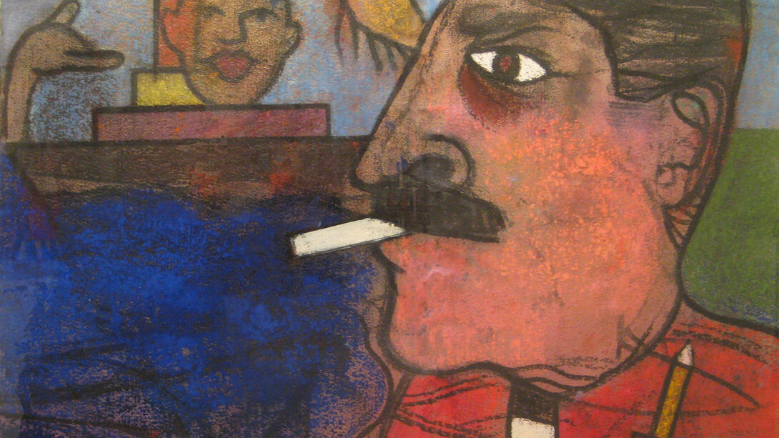 Richard Merkin, Untitled (Self Portrait with Pencil), date unknown, 31 x 38 inches, oil pastel on paper