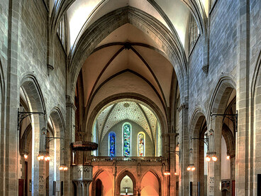 Fraumünster interior Zurich Switzerland, church nave, stained glass windows, historic religious architecture