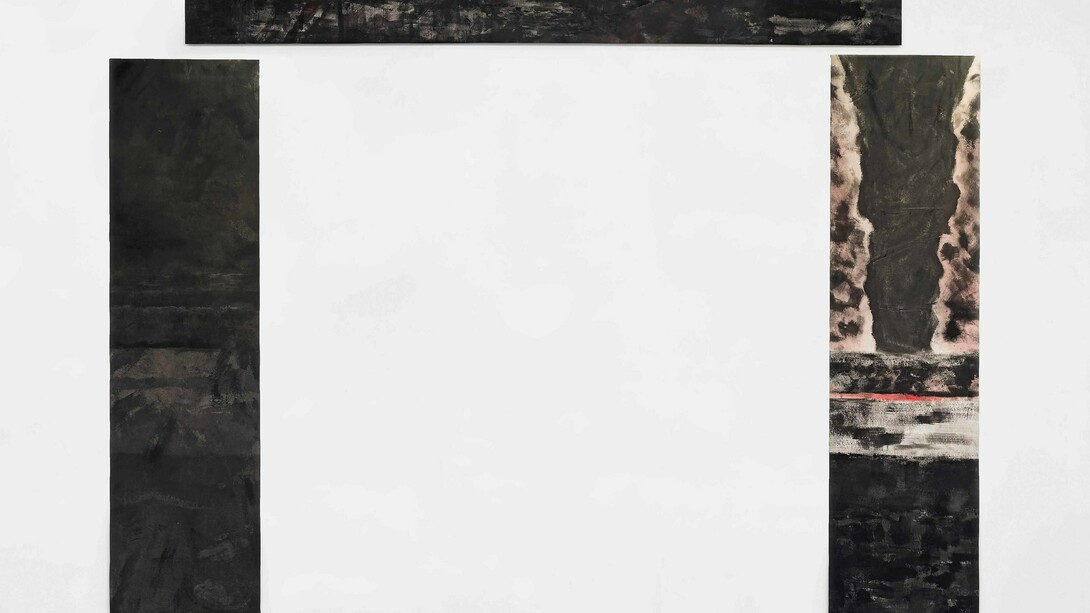 Gabriel Lima 2002, 2014, Oil and acrylic on canvas, 60 x 435 | 340 x 90 | 345 x 90 cm. Photo: Eduardo Ortega Courtesy, Galeria Fortes Vilaça
